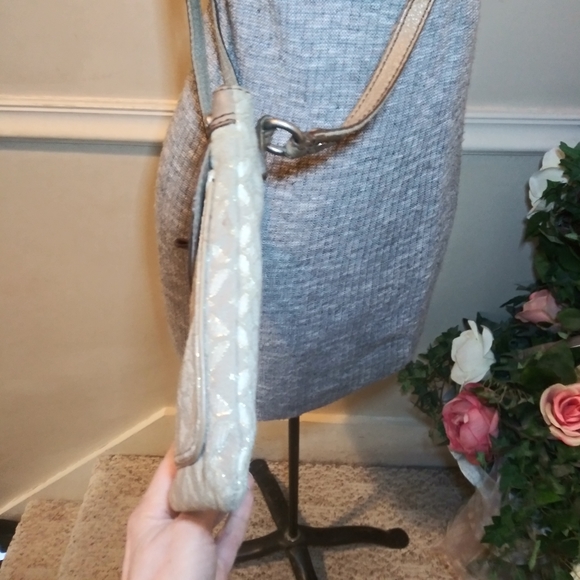 Fossil Leather Trimmed Taupe & Ivory Metallic Brocade Convertible Crossbody - Picture 4 of 15